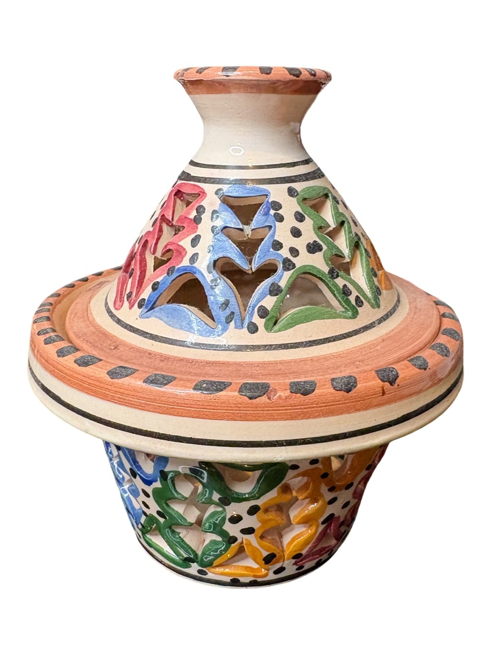 Hand-Painted Moroccan Pottery Candle Holder - Pierced Boho Tagine Decor